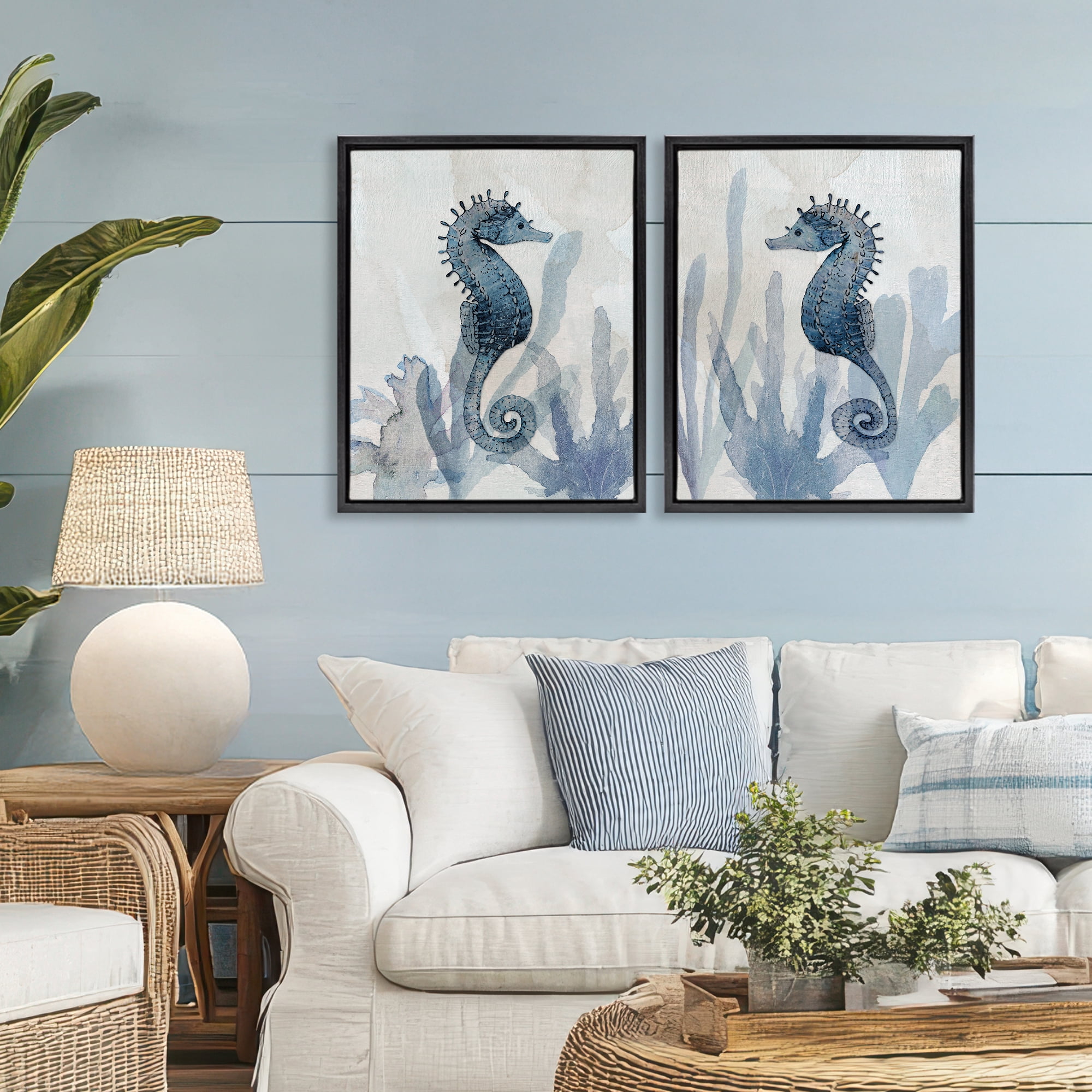 Stupell Industries Impressions of Seahorses 2 Piece Black Framed Floater Canvas Set, design by Susan Jill