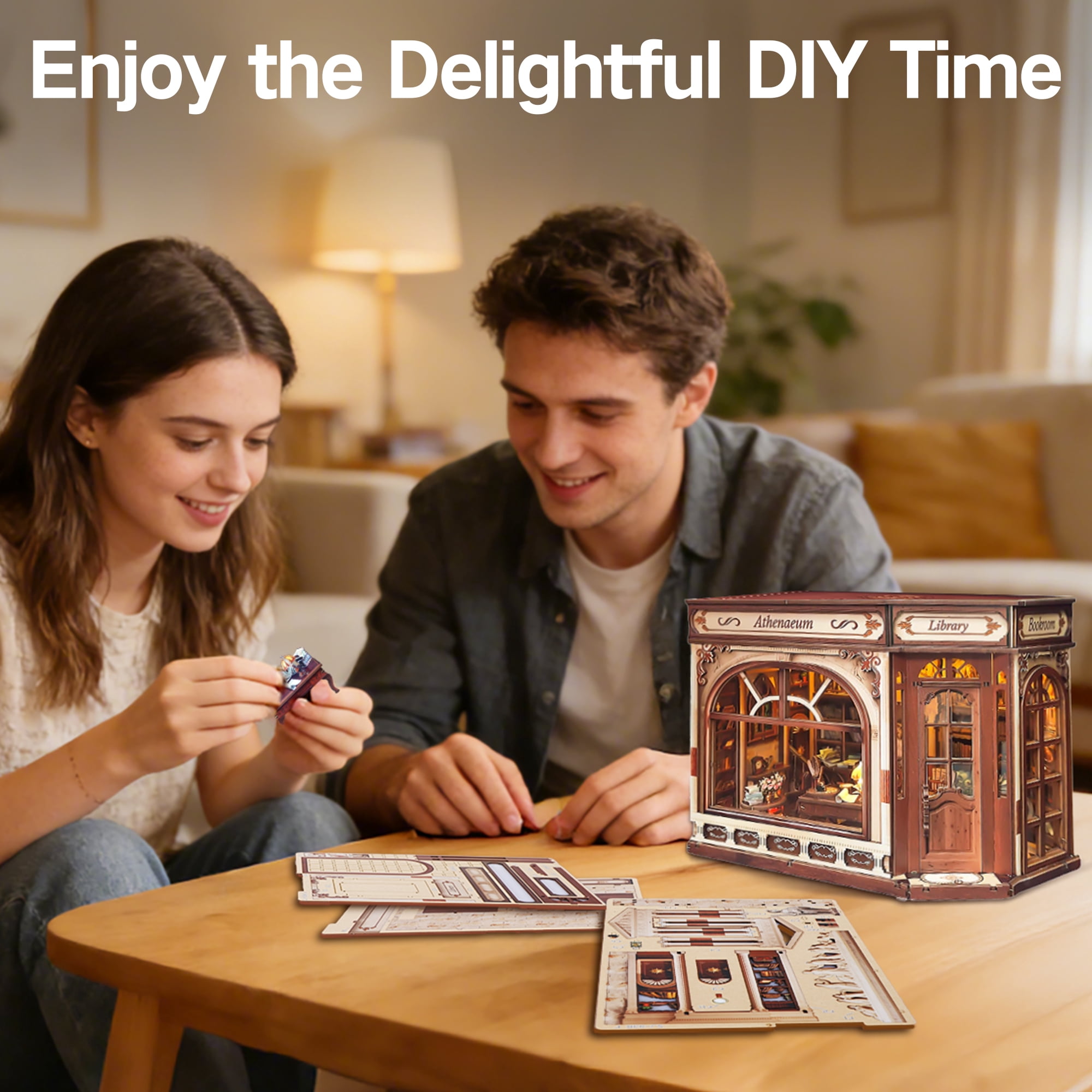 BELEEV Book Nook Kit,DIY Miniature Wooden Booknook with LED Lights,Openable Door 3D Puzzle,Bookshelf Decor Gift for Adults Teens - Athena's Library