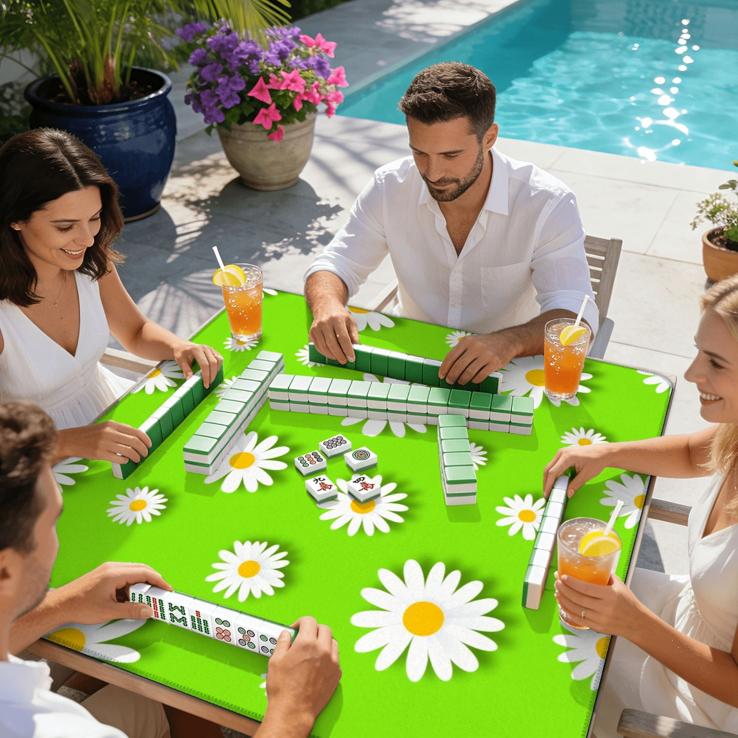 Mahjong Mat 31.5" x 31.5" White Daisy Flowers Bright Green Flat Style Non-Slip Noise Reduction American Mahjong Tiles Table Cover for Dominoes Poker Card Board Games Gift