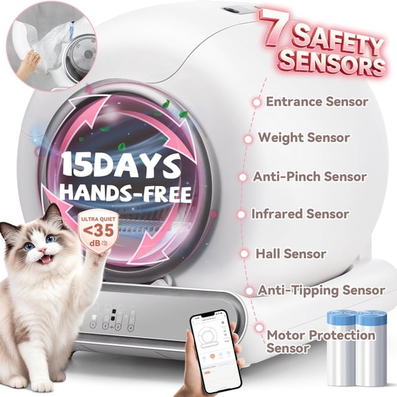 Automatic Self Cleaning Cat Litter Box, APP Remote Control, Advanced Safety Protection & Odor Elimination for Multiple Cats, Intelligent Radar Smart Auto Litter Box with 2 Rolls Garbage Bags