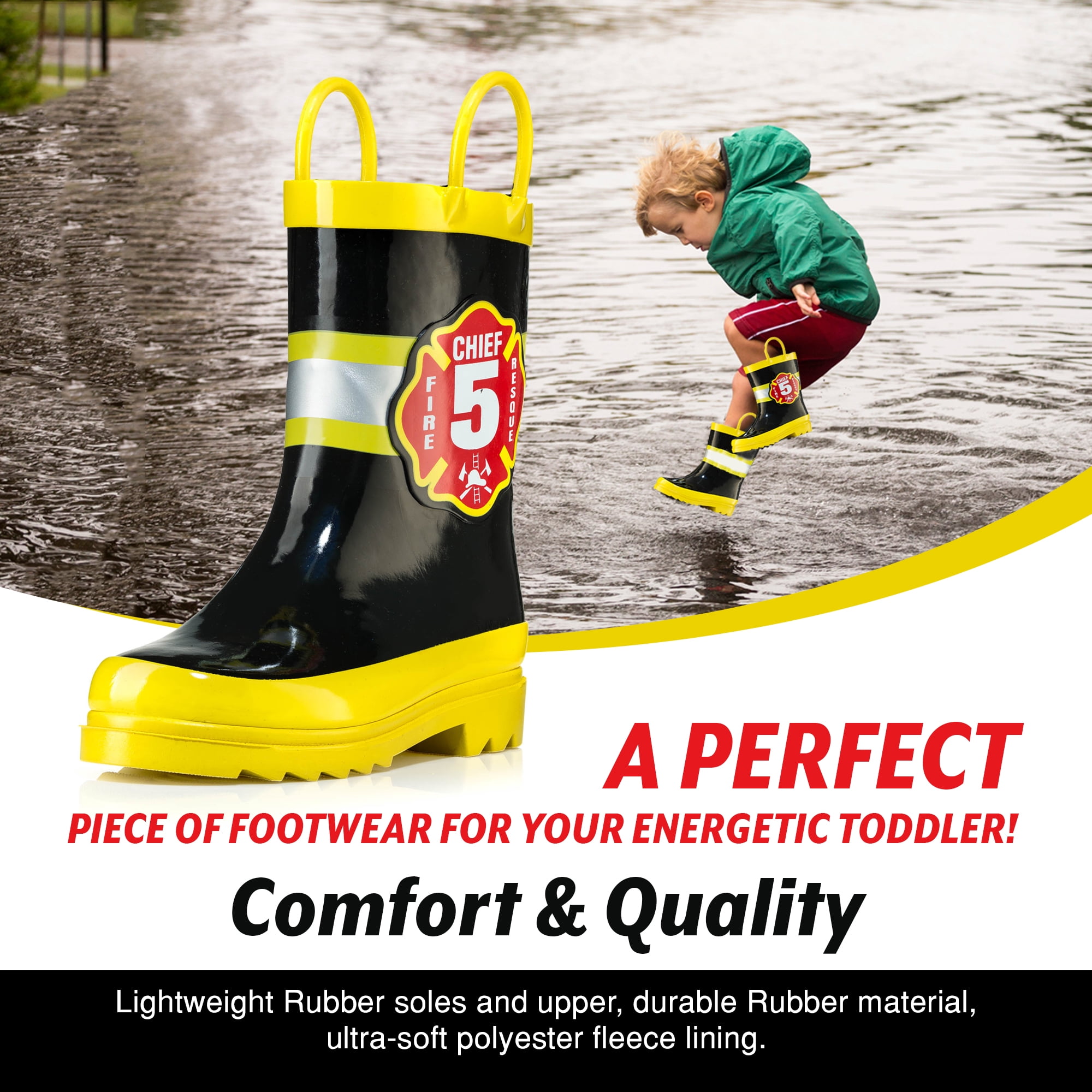 Puddle Play Boys Black Fire Chief Rubber Rain Boots - Size 9 Toddler