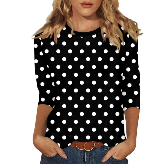 Delconic Women’s Crew Neck Polka Dot Print Long Sleeve Casual Loose Fit Top for Daily Wear and Comfortable Outfits Black L