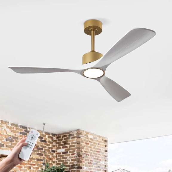 Eowynic 52 Inch Industrial Ceiling Fans with Lights, Remote Control, 3 Solid Wood Blades, DC Motor, 6 Speed, Gold & White