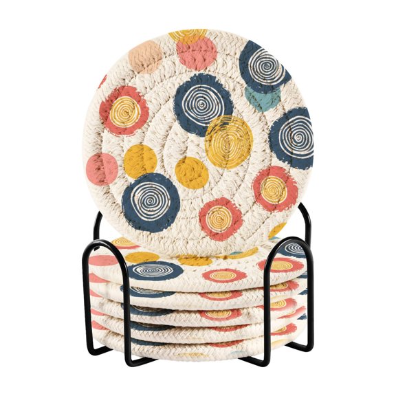 Abstract Circle and Dots Coasters with Holder for Coffee Table 6 Pcs Drink Coaster Sets Absorbent for Home Decor 4 inch