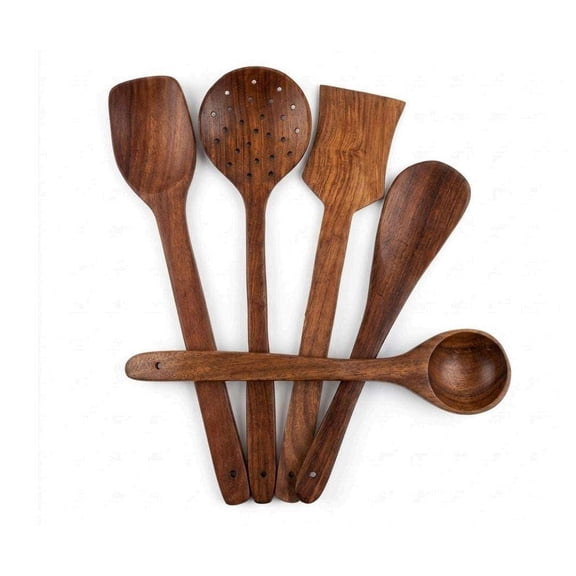 Premium Wooden Kitchen Cooking Utensil Set – Natural Finish, Durable & Lightweight – Multi-Purpose Spoon & Spatula Set for Everyday Cooking (Set of 5)