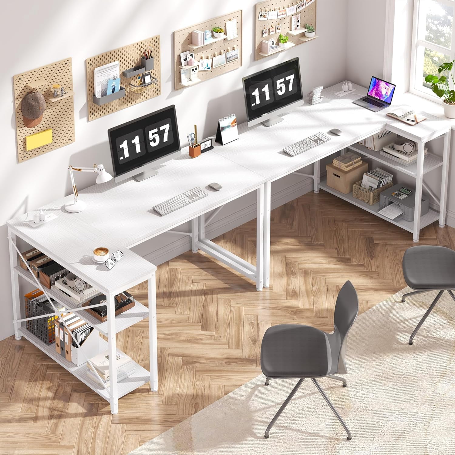 48 Inch L Shaped Computer Desk with Storage Shelves & Side Bag, Office Desk with Power Outlets, Small Corner Desk for Gaming Working Small Space Home Office Bedroom, Study Writing Table, White