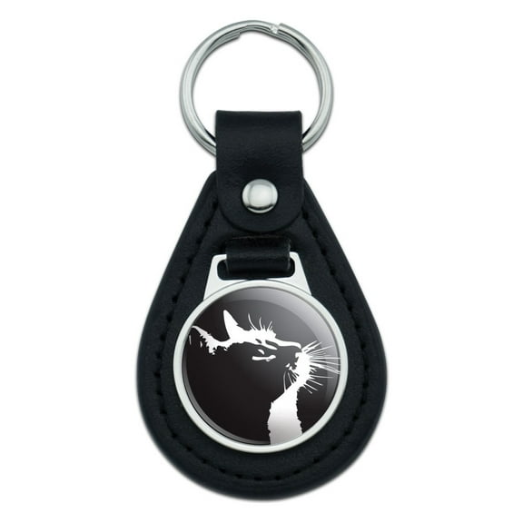 Cat Silhouette Black White Black Leather Keychain