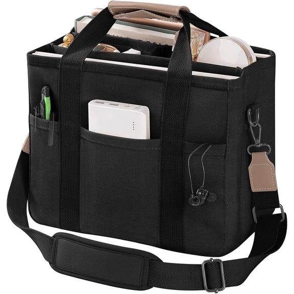 Canvas Tote Bag with Multi Pockets Crossbody Tote Bag for Women Bible Handbag Everything Tote Bags with Compartments (Black Large)