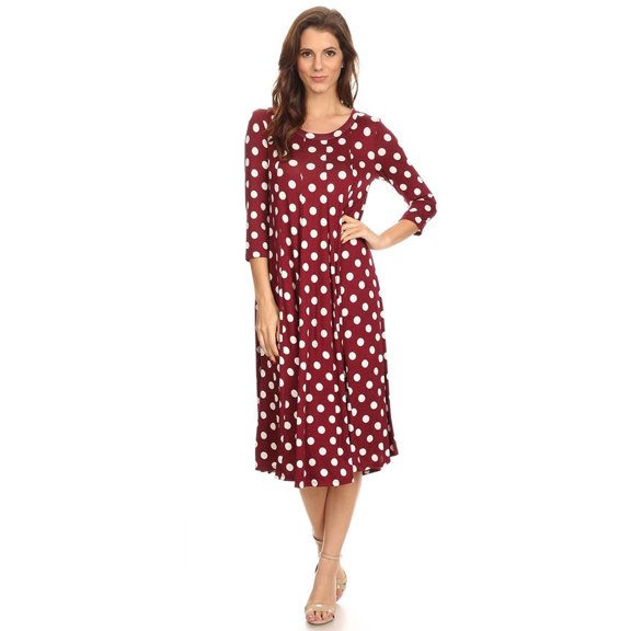 Women's Casual Loose Fit 3/4 Sleeve Jersey Knit A-Line Big Polka Midi Dress