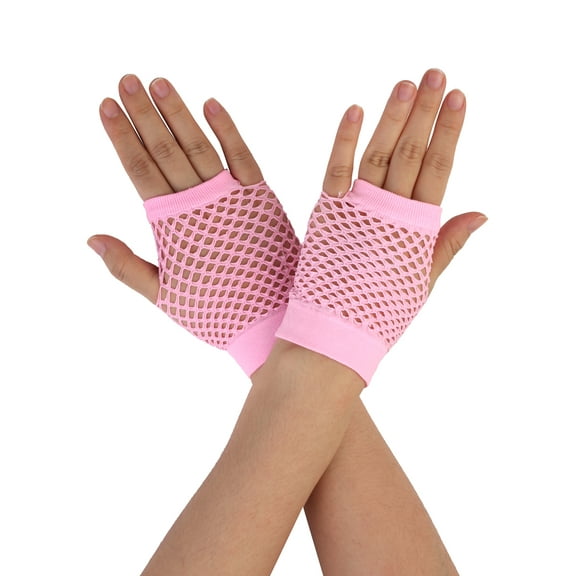 INSPIRE CHIC Women's Fingerless Mesh 1980s Fancy Dress Party Costume Accessories Fishnet Gloves Short-1Pair Pink