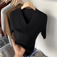 thumbnail image 1 of Pull Femme Manches Courtes Col en V Rayé Tricoté Ajusté Mode Coréenne Pull-Overs Hauts Fins 2024 Chemises de Base, 1 of 5