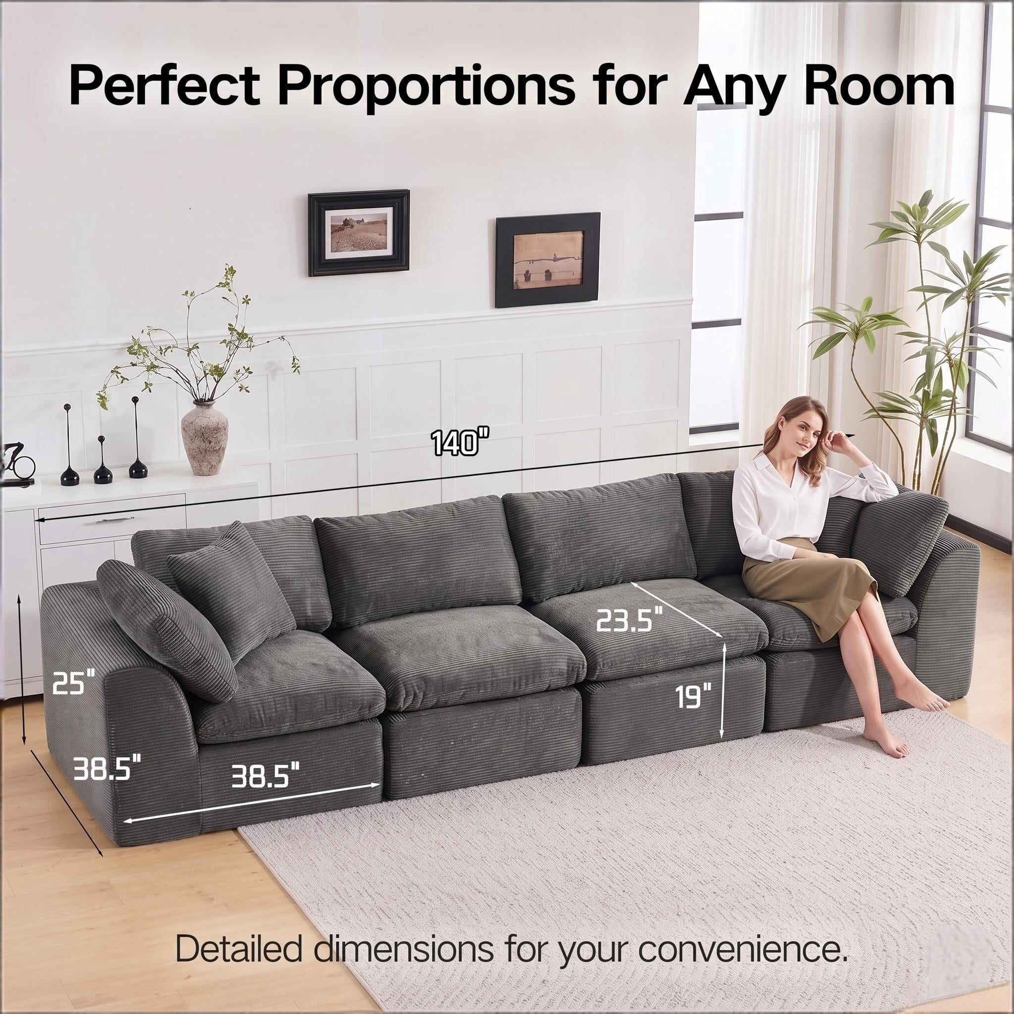 4 Seater Cloud Couch, No Assembly Required Modular Boneless Sofa, Comfy Deep Seat Sectional Sofa for Living Room, Bedroom, Apartment