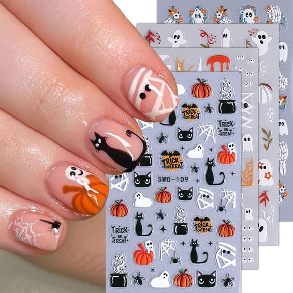 RAGUPEL 4 Sheets Halloween Nail Art Stickers 5D Embossed Cute Ghost Nail Stickers|Black Cat Pumpkin Design Flower Finger Skeleton Nail Decals Nail Art Supplies