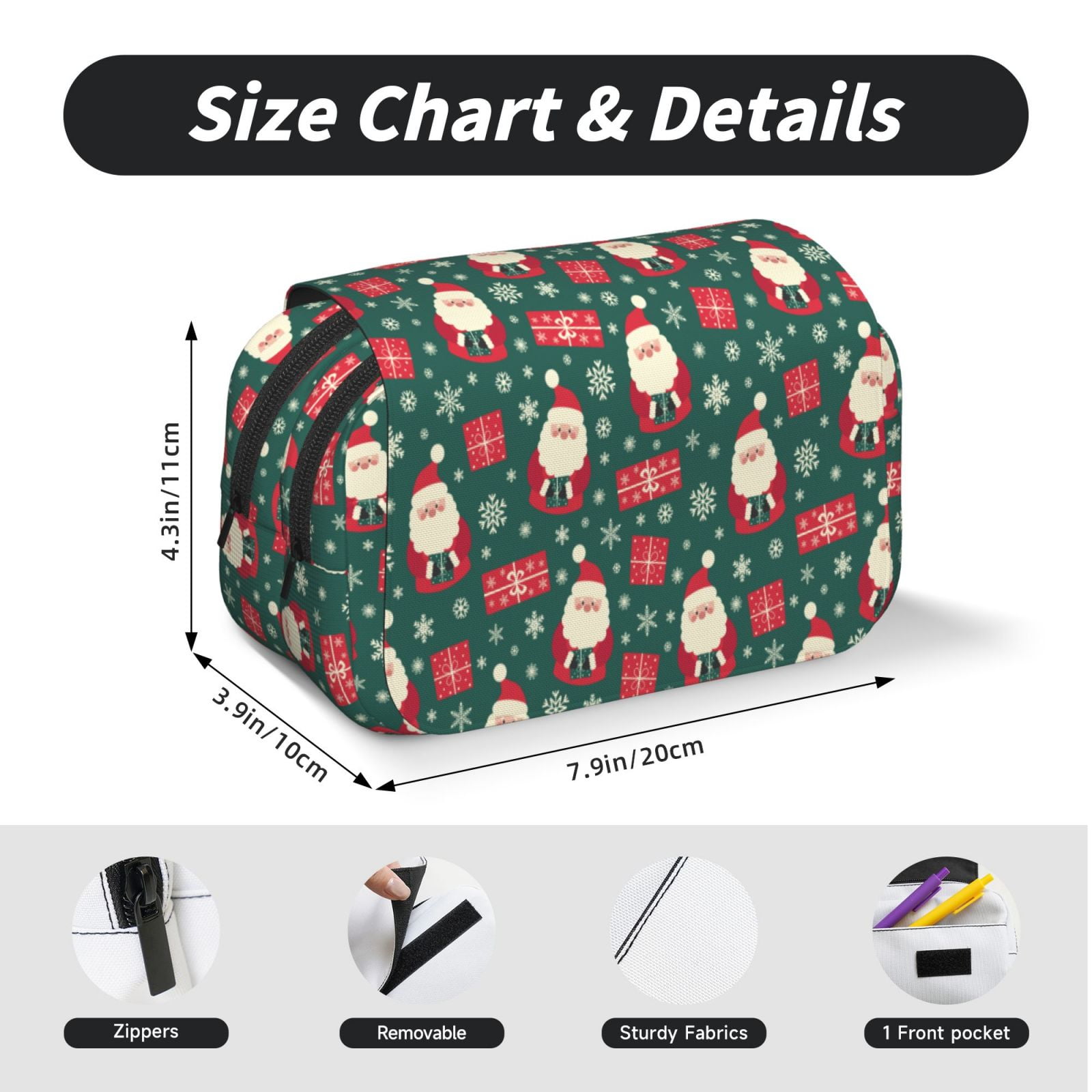 Rateoe Santa Claus Pattern Double Clamshell Pen Case, Storage Organizer with Two Zipper Compartments– Holds Up to 50 Pencils & Pens