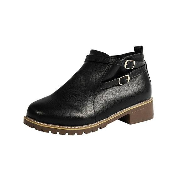 Pisexur Ankle Leather Boots for Women Chunky Round Toe Low Heel Black Zipper Buckle Strap Casual Comfortable Block Elastic Winter Fall Chelsea Womens Booties