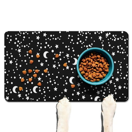 Golden Sun and Crescent Moon Pet Food Mat - Absorbent Dog Food Pad Gothic Celestial Design Easy to Clean 18x12 Inches