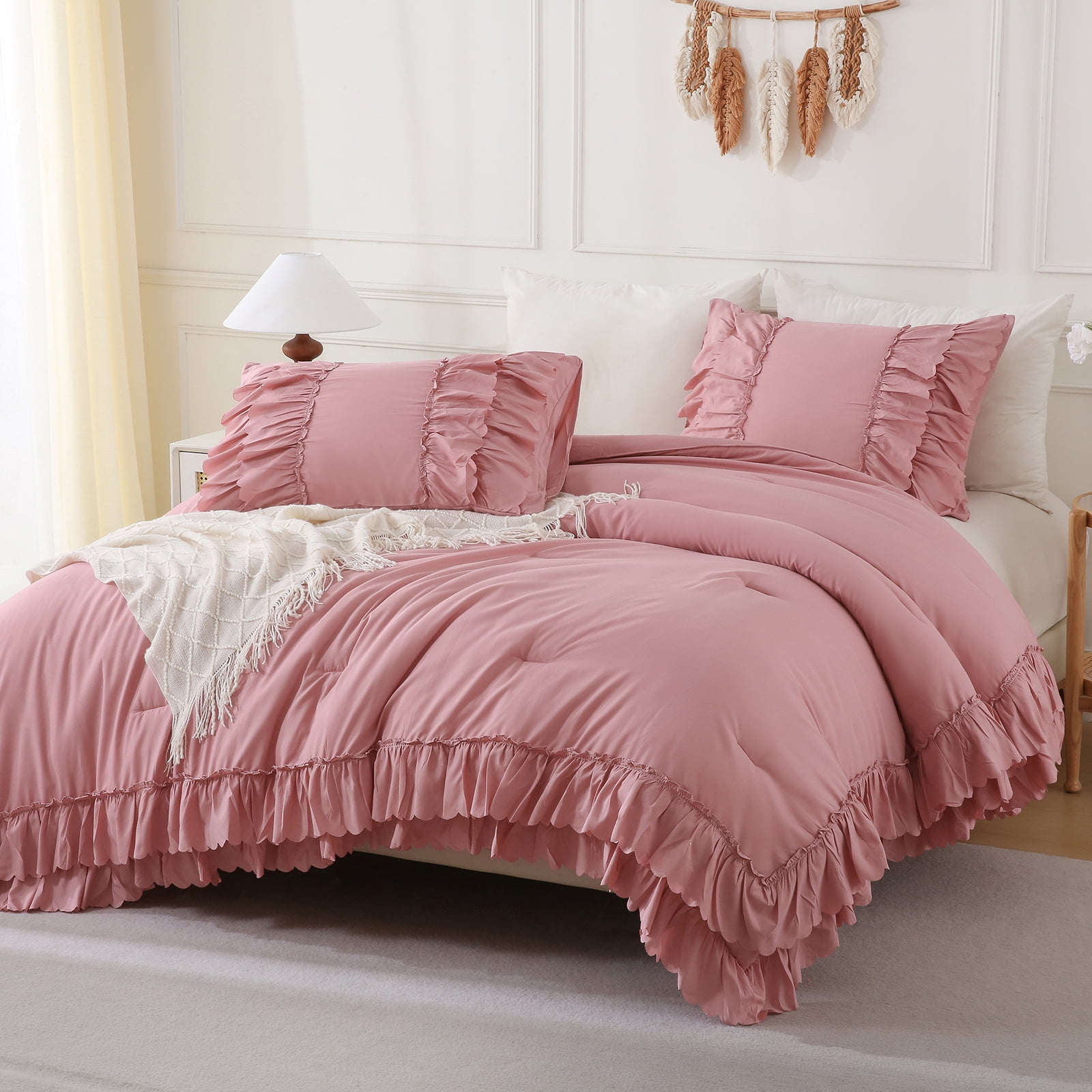 Ruffle Comforter Set Queen Size,Shabby Chic Boho Bedding Sets, Soft Fluffy Comforter Sets for All Season,Vintage Ruffled 3 Pcs Microfiber Lightweight Quilt Set for Home Decor