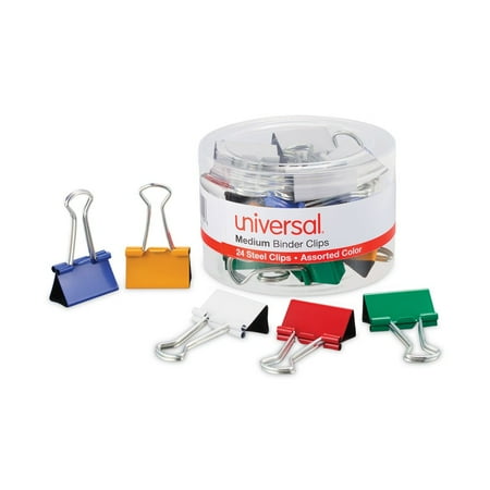 Universal UNV31029 Binder Clips with Storage Tub - Medium, Assorted (24/Pack)