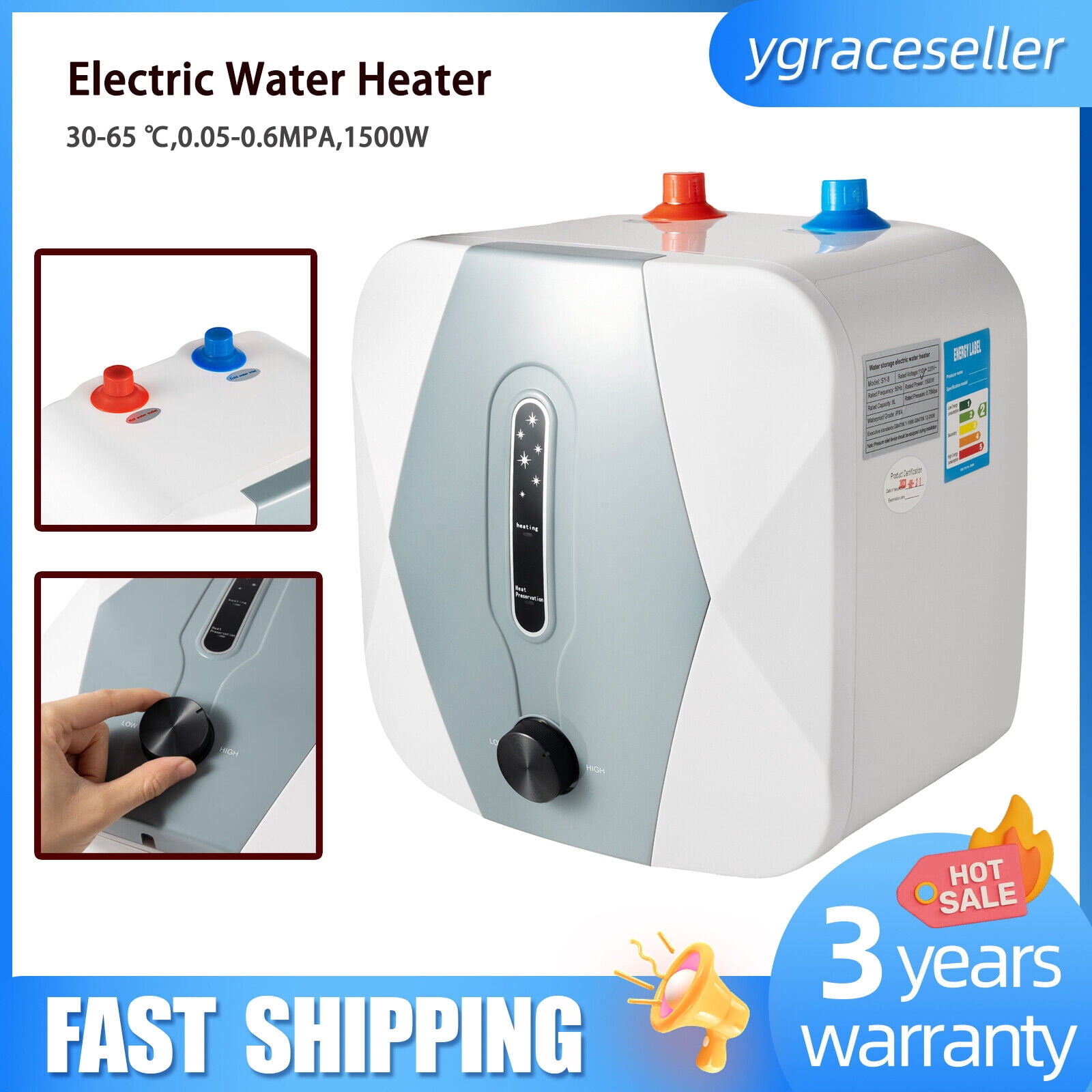8L 1500W Under Sink Electric Instant Hot Water Heater, Temperature Adjustable, Mini Small Water Tank for Kitchen