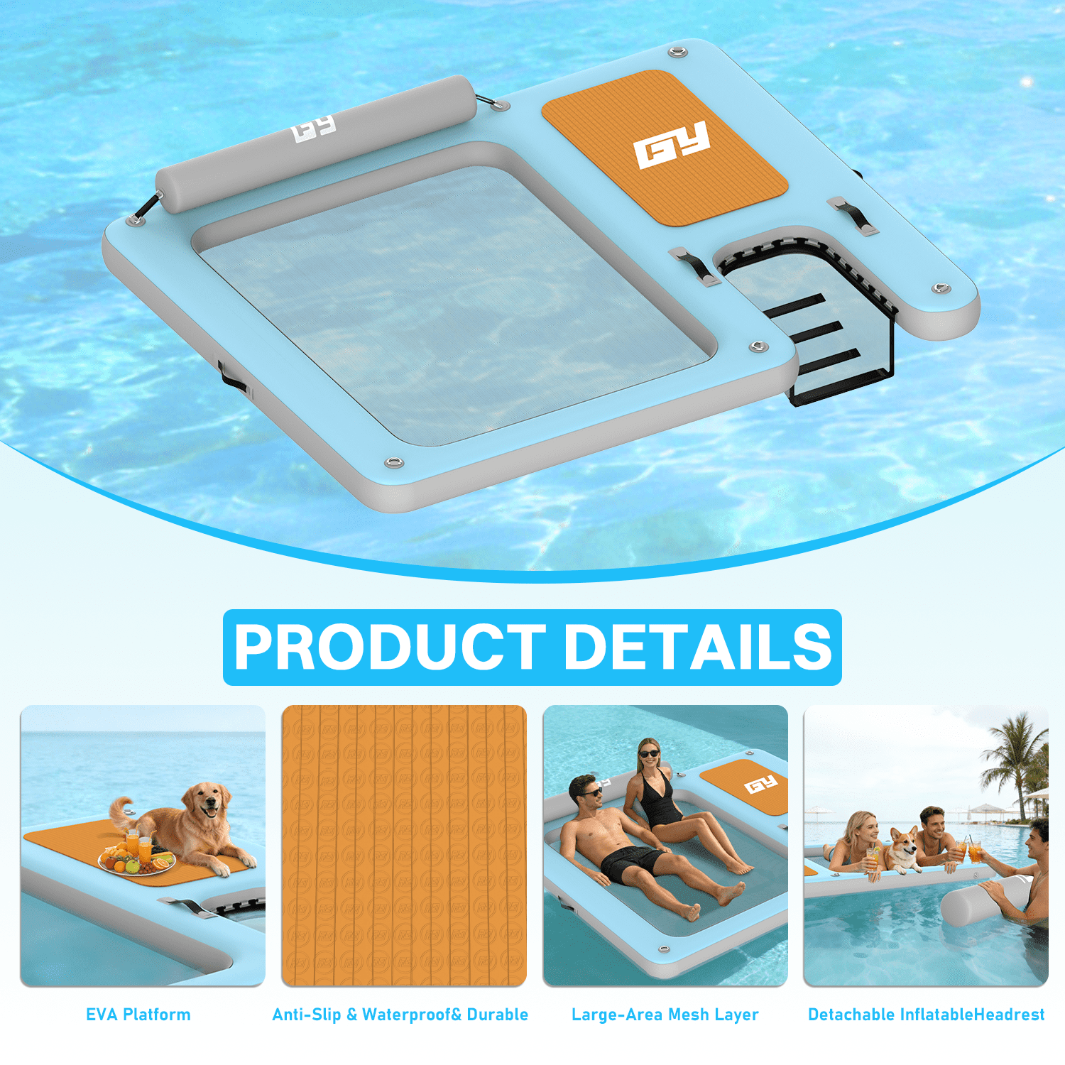Inflatable Hammock & Ramp Floating Dock, 7.8 x 6.4 Ft Inflatable Floating Platform with Mesh, 700 LBS Load Capacity Lake Float with Boat Ramp for Pool Party, Fishing & Tanning