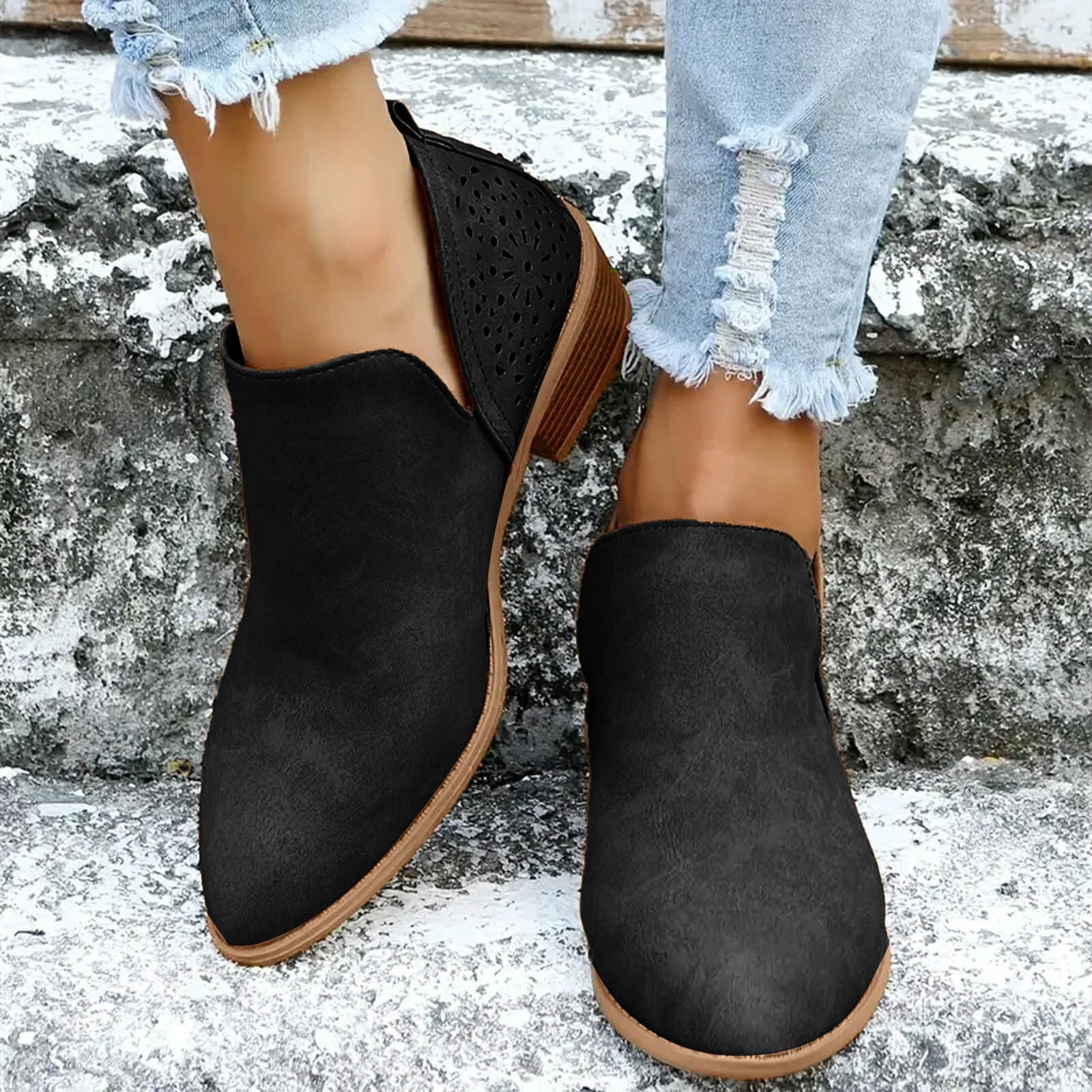 Dakaela Ankle Boots for Women Casual Slip on Loafers Chunky Low Heel Dress Shoes Cut out Work Booties