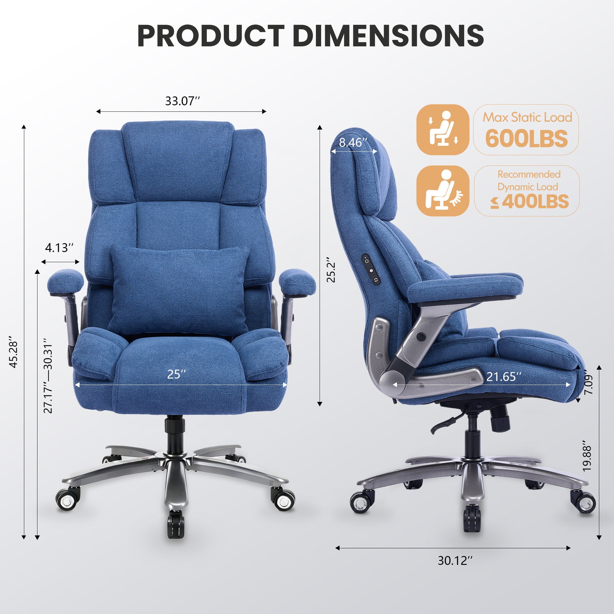 EOP 600LBS Big and Tall Heavy Duty Office Chair, Ergonomic Massage Desk Chair with 4D Adjustable Armrests, Fabric Executive Chair with Lumbar Support & Quiet Dual Rubber Wheels, Blue