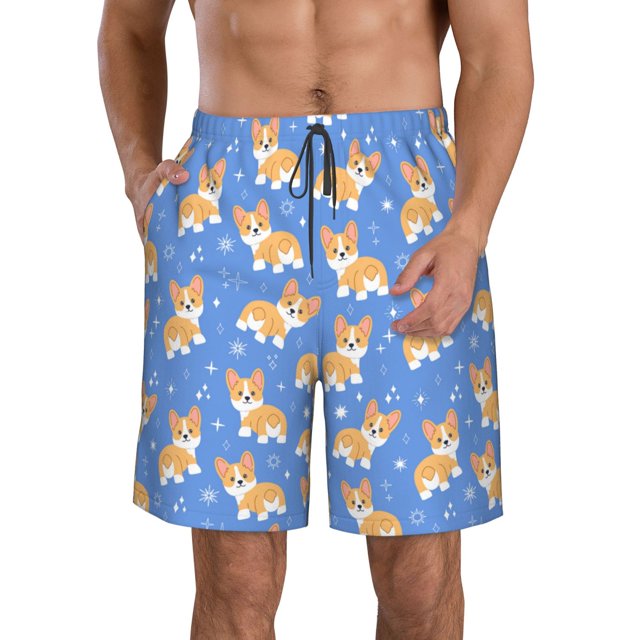 Balery Kawaii Corgi Traje de Baño Estilo Hawaiano para Hombre, Shorts de Secado Rápido con Bolsillos-Large
