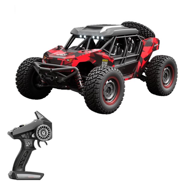 coche de control remoto, 2.4g 1:16 tracción en las 4 ruedas 38 km/h coche de control remoto de alta velocidad vehículo todoterreno rojo, vista frontal 3/4 con jaula antivuelco expuesta, neumáticos todoterreno de dibujo profundo, parachoques delantero y suspensión visibles, faros LED frontales y de techo encendidos; mando pistola 2.4G mostrado aparte en la esquina inferior izquierda; tamaño aproximado 32 x 20.5 x 14 cm. A menudo usado para prácticas de carreras de radio control y recreo al aire libre.