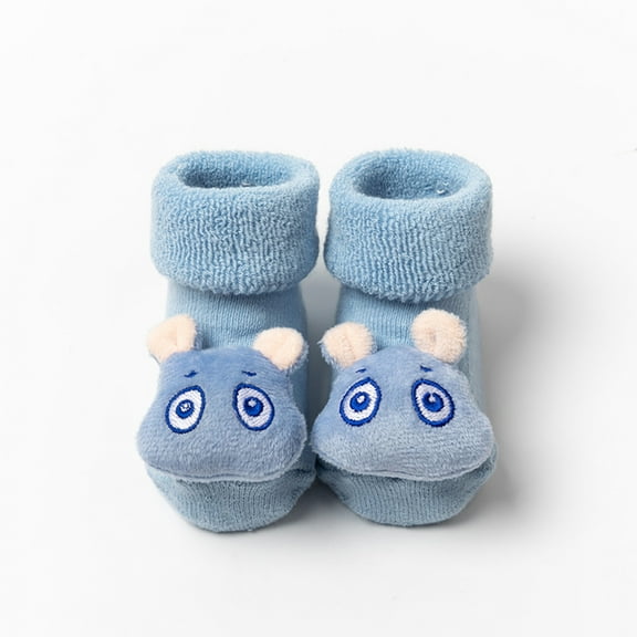 Spazoro Toddler Girls Boys Floor Walking Socks, Warm Knitting Cotton Doll Knitted Cute Print Mid Tube Socks for Child Kids Girls Light Blue Size 1 T