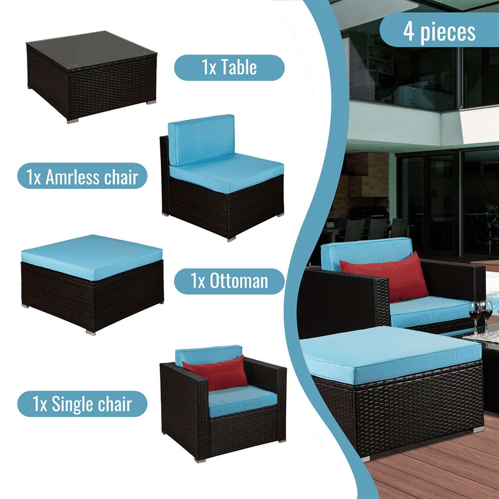 4 Pieces Patio Furniture Set, Outdoor Wicker Rattan Sectional Sofa Couch Set with Coffee Table & Ottoman and 2 Chairs All Weather Conversation Set with Blue Cushions for Garden Backyard, Brown - image 3 of 7
