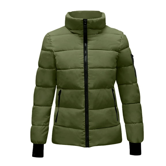 Zedker Womens Puffer Jackets with Multi Pockets Casual Stand Collar Long Sleeve Fall Winter Thermal Outerwear Tops with Zipper,Army Green,L