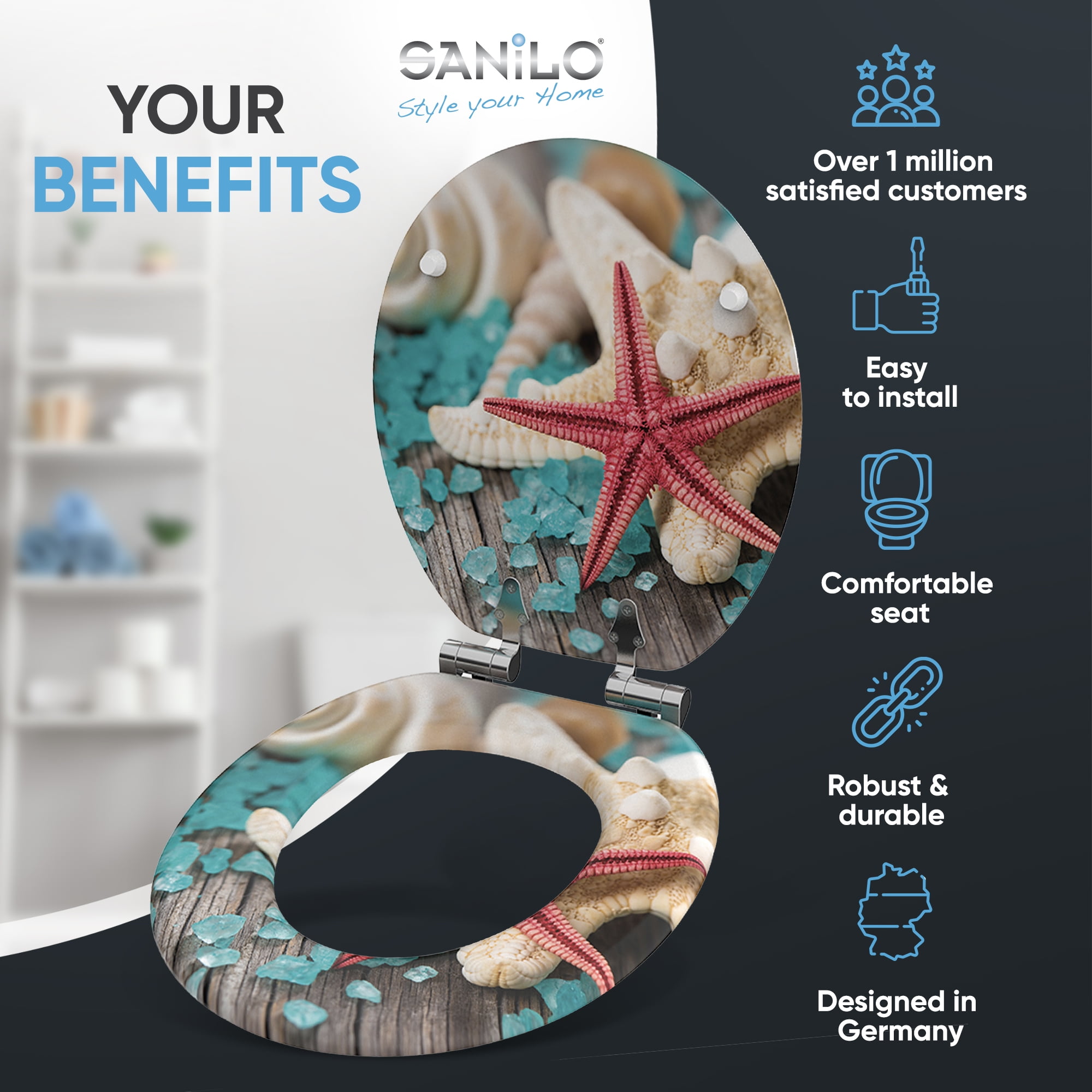 Sanilo Soft Close Toilet Seat ROUND, Quiet and Slow Close Lid and Seat, Strong Bumpers and Hinges, Bath Salt