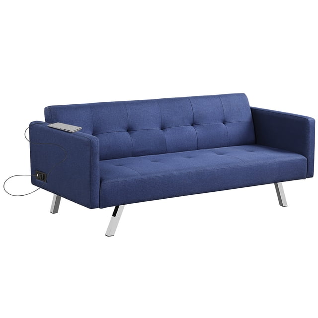 Costway Convertible Futon Sofa Bed Folding Recliner w/USB Ports&Power Strip Blue
