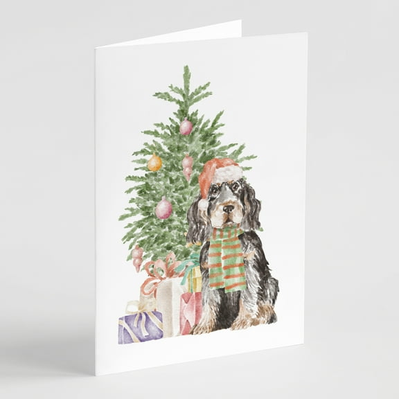 Carolines Treasures CK8216GCA7P Cocker Spaniel English Black Tan Christmas Presents and Tree Greeting Cards and