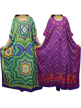 Mogul 2 PC Green Purple Maxi Long Caftan Printed Cover UP Nightwear Kaftan Dress 4X