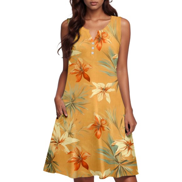 Icvfdpl Casual Summer Dresses For Women,Bohemian Loose V Neck Sleeveless With Pockets Swim Cover Up Outfits Trendy Sundress For Women,L