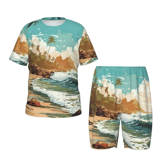Balery Coastal Palm Beach Conjunto de Pijama Infantil de Manga Corta con Estampado – Ropa de Dormir de Algodón Suave-Small
