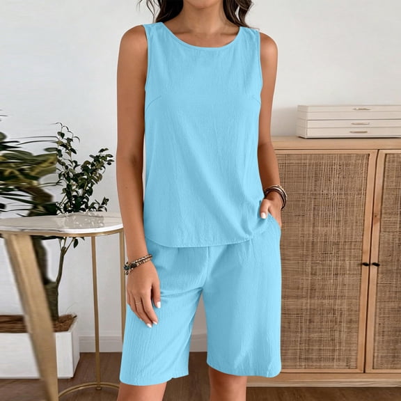Mifsaly Linen Two Piece Set Women 2 Piece Summer Outfits Sleeveless Tank Top and High Waisted Shorts with Pocket Soft Lightweight Vacation Beach Matching Loungewear L