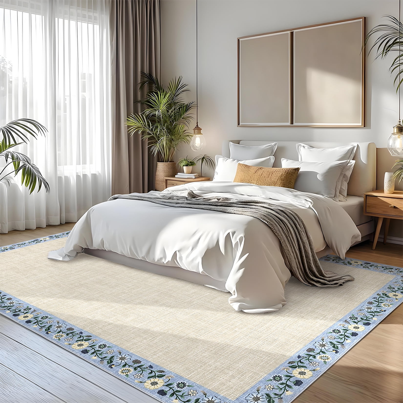 HOMERRY Large Floral Border Non-Shedding Area Rug 9' x 12' for Living Room Washable Indoor Carpet, Beige