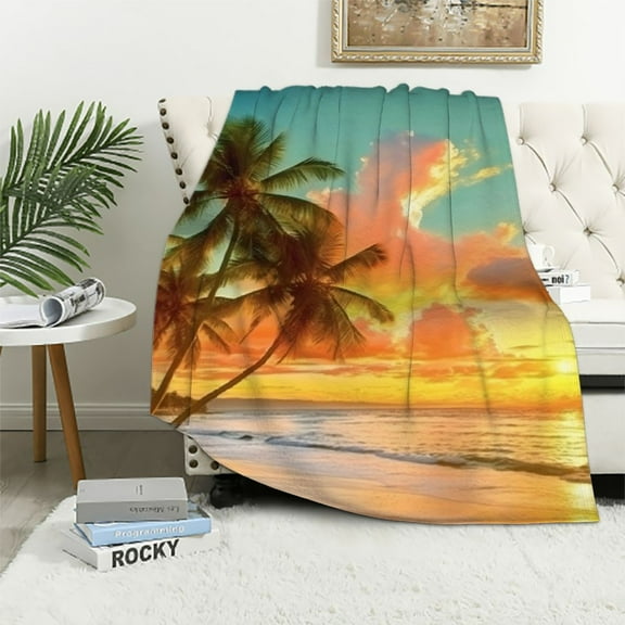 PRATYUS Sunset Palm Trees Beach Throw Blankets for Sofa Couch Cozy Flannel Travel Outdoor Blanket All Seasons Gifts for Bed Chair Work 40x50in