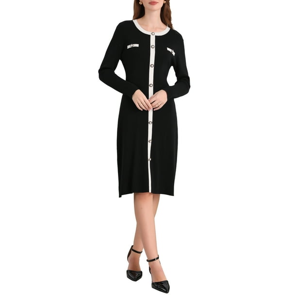 Vestidos de suéter de color contrastante para mujeres Inspire Chic, vestido midi de punto de manga larga en negro