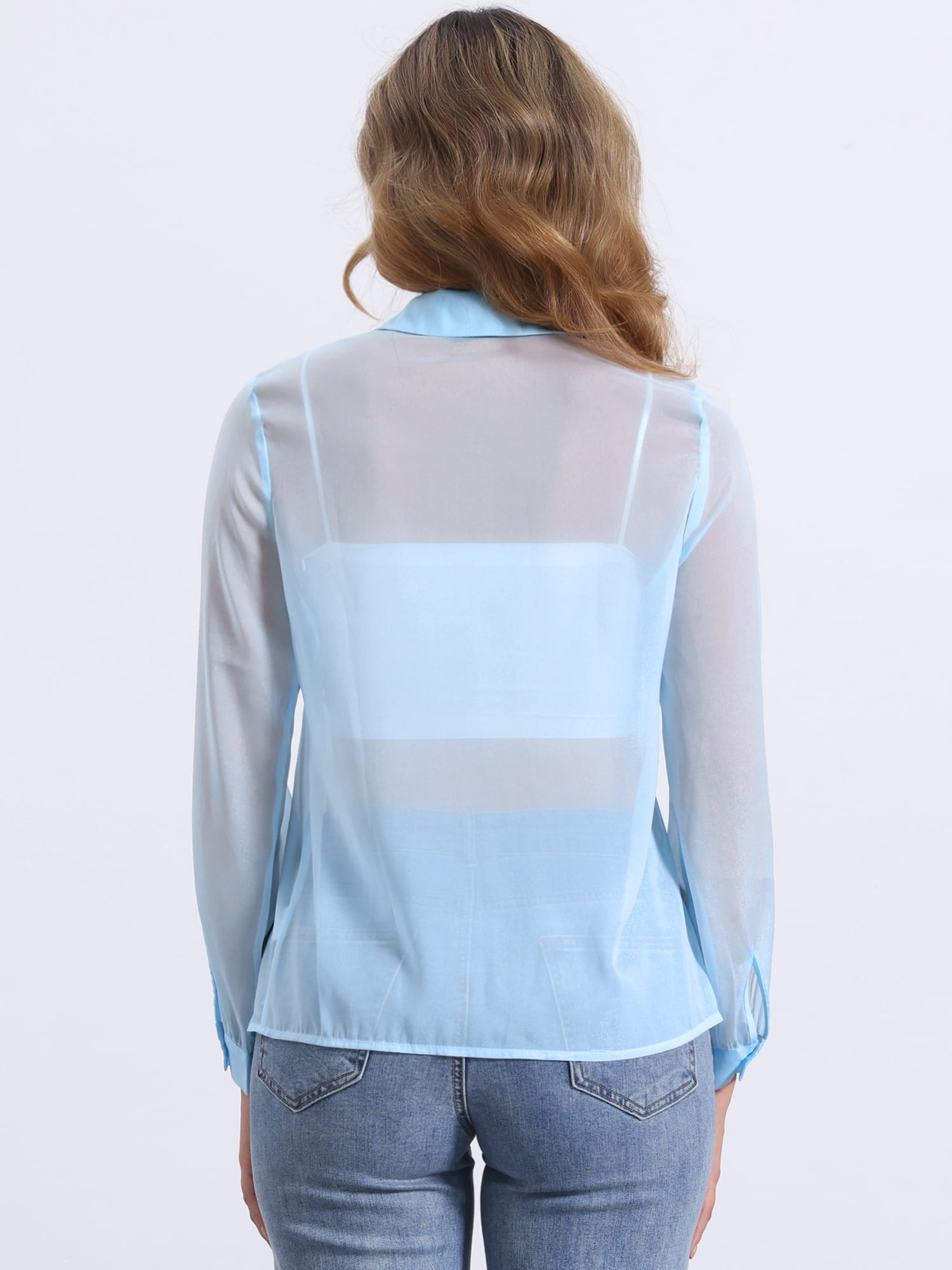 DARING DIVA Women's Mesh Sheer Tops Point Collar Button Down Shirt S Light Blue