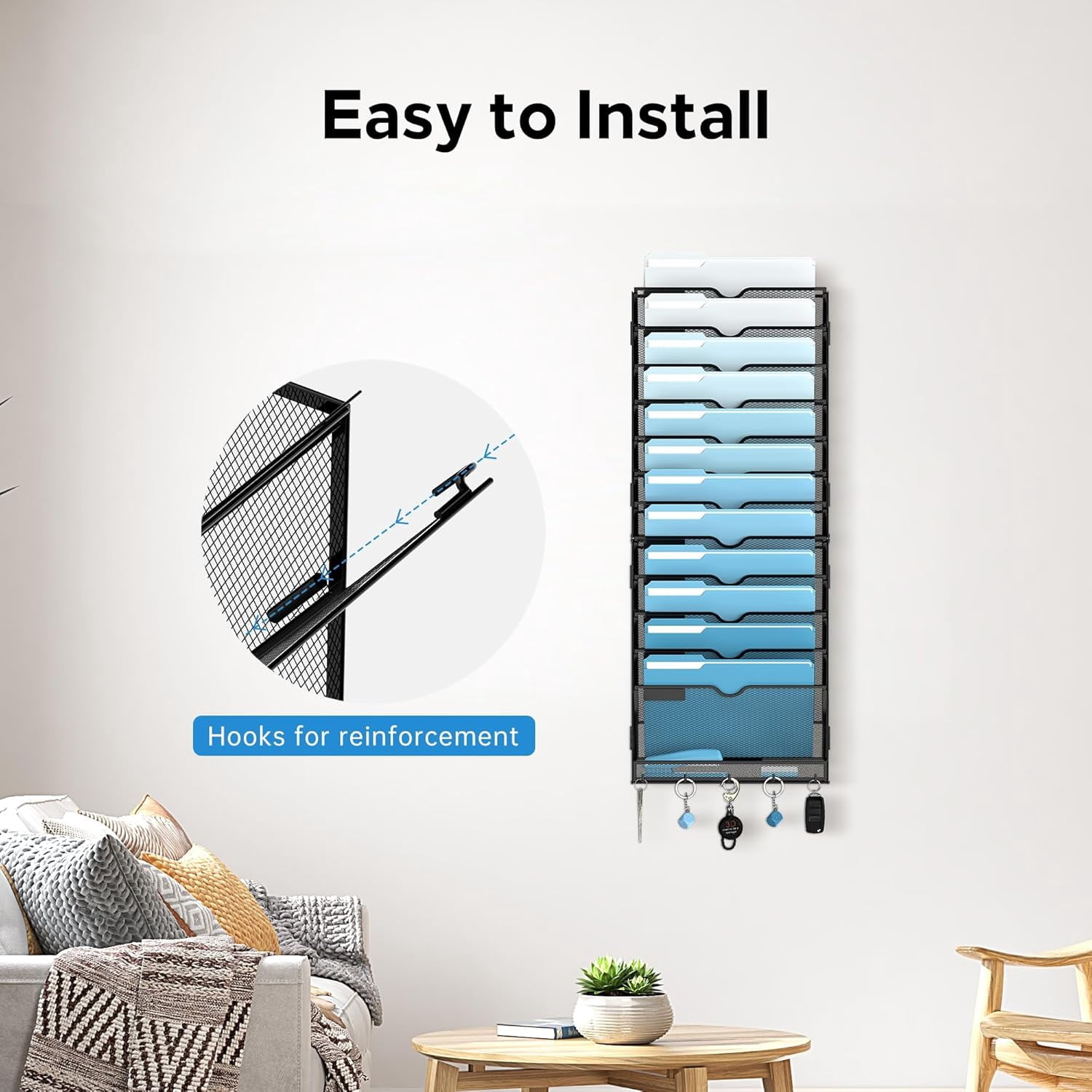 INTIGE 13-Tier Metal Hanging File Organizer with Hooks, Wall Mounted Paper Organizer, Screw Mount