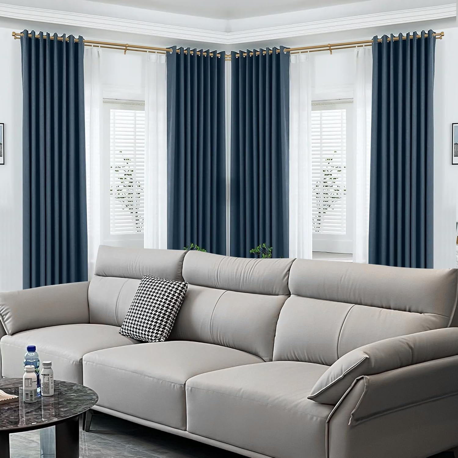 Warm Gold Double Corner Window Curtain Rods with Aluminum End Cap Finials and Brackets,1 Inch Diameter Dual Bay Window Curtain Rods, Adjustable 2 Sided 20-36" and 36-72" Center Double Rod