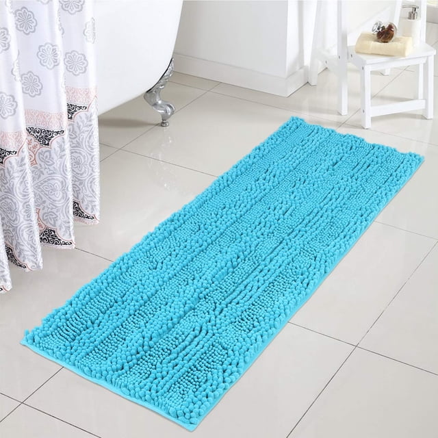 Uphome Chenille Bath Rug Runner Turquoise Non-Slip Plush Bathroom Rugs 18x47 inch Shaggy Water Absorbent Bath Mat Machine Washable Bath Rug Soft Microfiber Striped Floor Rug for Bathtub Shower\u2026
