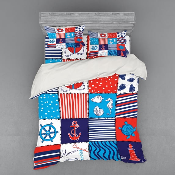 Ambesonne Geometric Bedding Set 4 Pcs, Anchor Helm and Fish, Queen, Multicolor