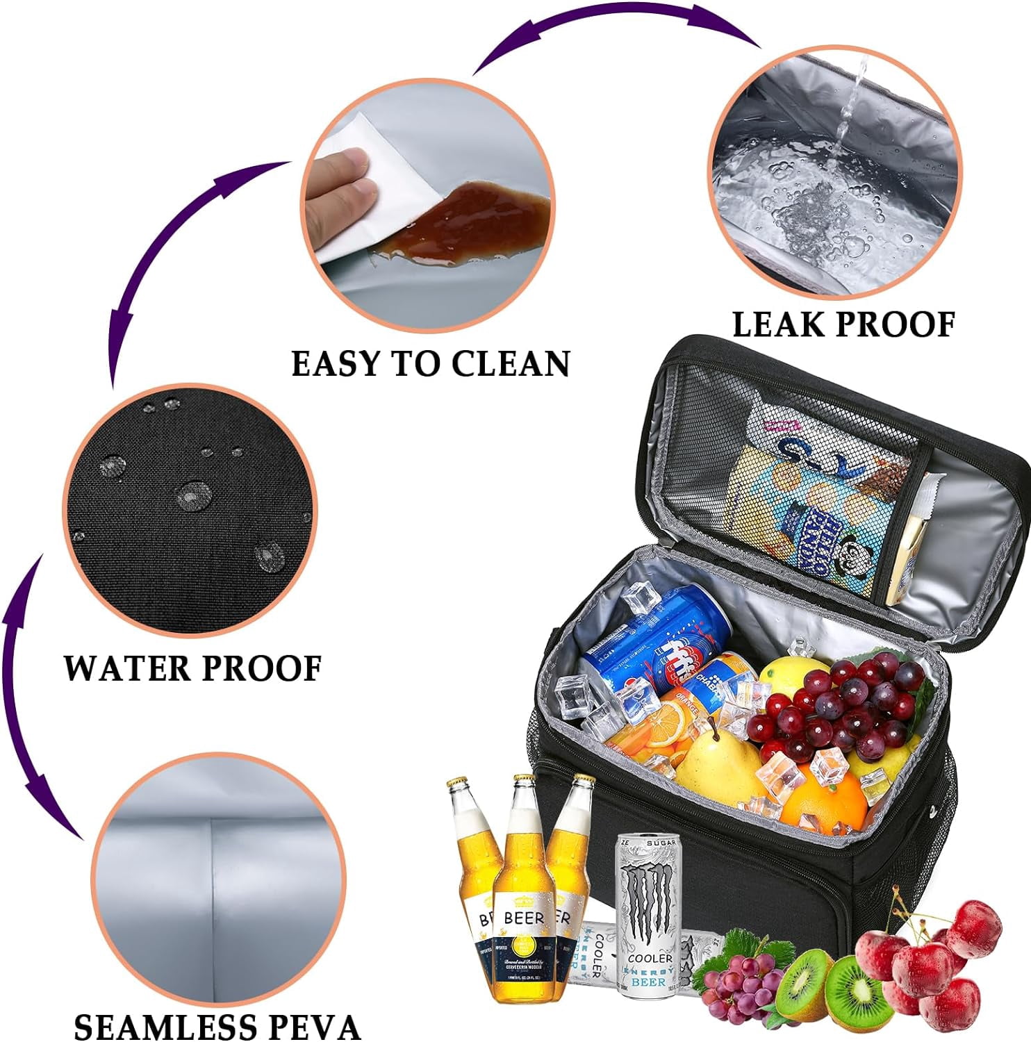 TuErcao Insulated Lunch Bag for Men Women Adult Lunch Box for Men Work Leakproof Soft Cooler for Picnic Travel Road Trips Lunch Tote Bag, Black