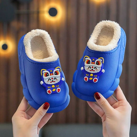 LIIPEE Girls Boys Slippers Cartoon Animal Closed Toe Non- Soft Sole On Warm Lined Plush Shoes Girl Casual Daily Slipper,Blue,3.5-4 Years