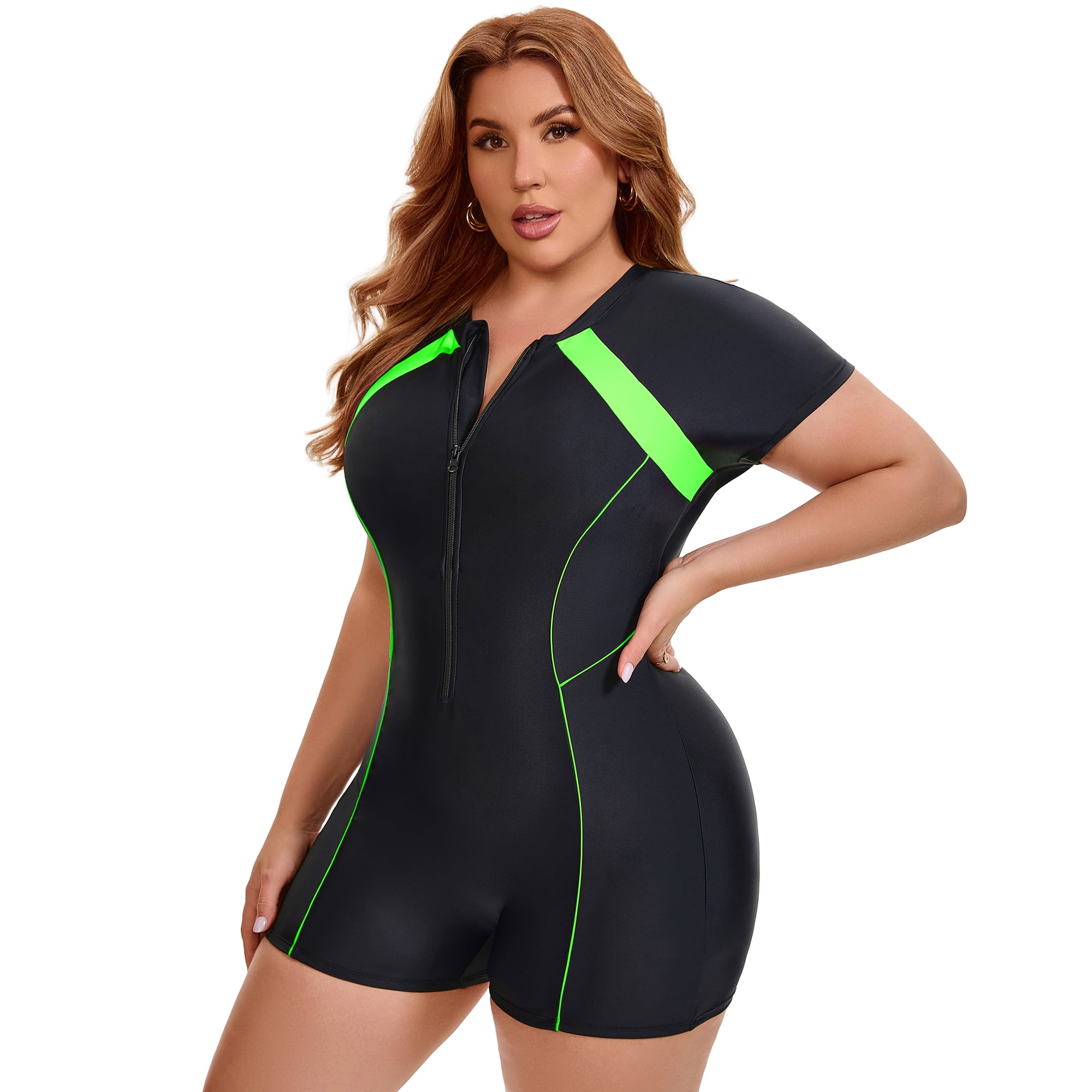 DARING DIVA Women's Plus 1 Piece Surfing with Short Swimwear 4X Black Green
