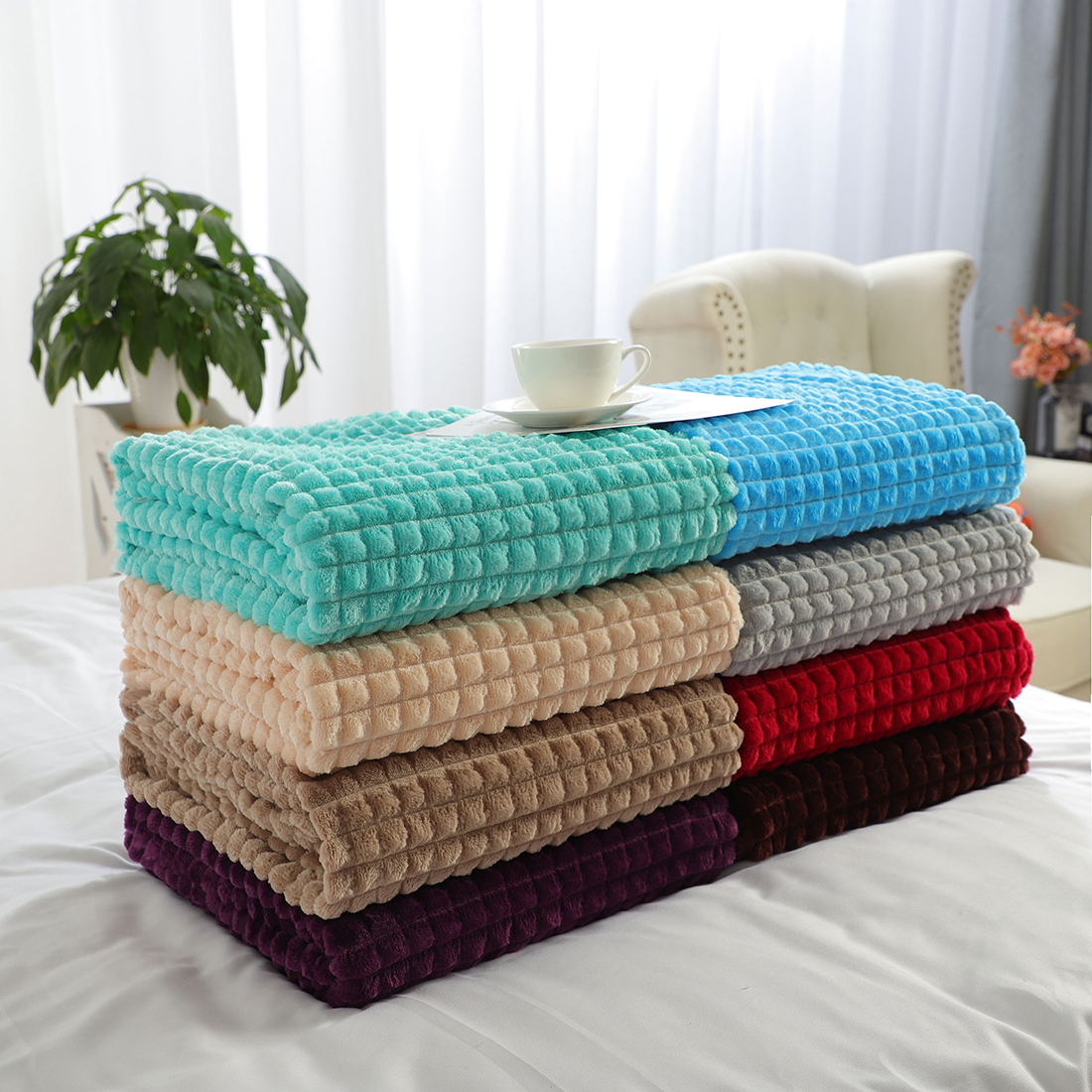 Solid Lightweight Plush Grid Fleece Throw Blanket, 50"x 60", Blue
